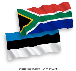 National vector fabric wave flags of Estonia and Republic of South Africa isolated on white background. 1 to 2 proportion.