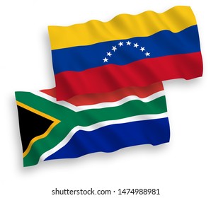 National vector fabric wave flags of Venezuela and Republic of South Africa isolated on white background. 1 to 2 proportion.