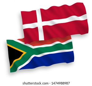 National vector fabric wave flags of Denmark and Republic of South Africa isolated on white background. 1 to 2 proportion.