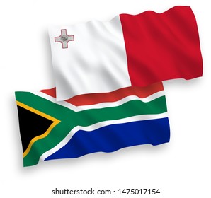 National vector fabric wave flags of Malta and Republic of South Africa isolated on white background. 1 to 2 proportion.