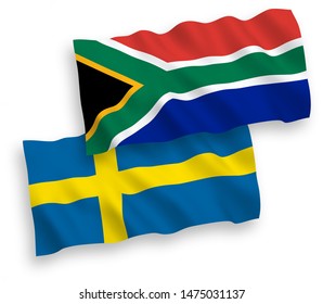 National vector fabric wave flags of Sweden and Republic of South Africa isolated on white background. 1 to 2 proportion.