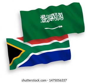 National vector fabric wave flags of Saudi Arabia and Republic of South Africa isolated on white background. 1 to 2 proportion.