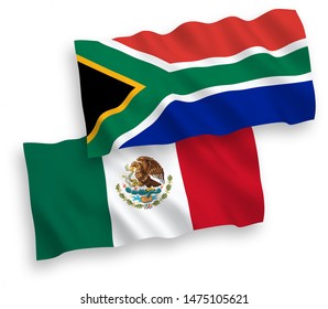 National vector fabric wave flags of Mexico and Republic of South Africa isolated on white background. 1 to 2 proportion.