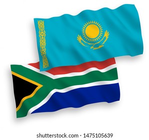National vector fabric wave flags of Kazakhstan and Republic of South Africa isolated on white background. 1 to 2 proportion.