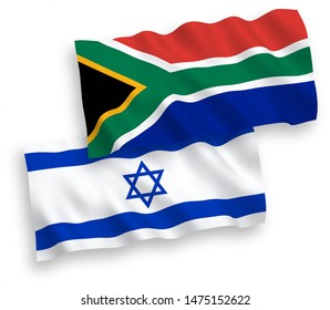National vector fabric wave flags of Republic of South Africa and Israel isolated on white background. 1 to 2 proportion.