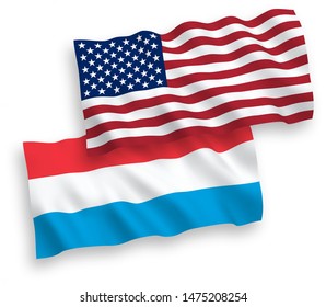 National vector fabric wave flags of Luxembourg and USA isolated on white background. 1 to 2 proportion.