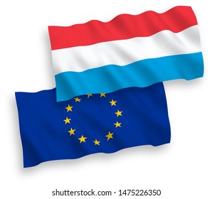 National vector fabric wave flags of European Union and Luxembourg isolated on white background. 1 to 2 proportion.