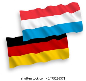 National vector fabric wave flags of Germany and Luxembourg isolated on white background. 1 to 2 proportion.