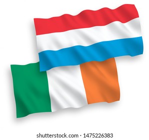 National vector fabric wave flags of Ireland and Luxembourg isolated on white background. 1 to 2 proportion.