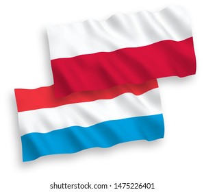 National vector fabric wave flags of Luxembourg and Poland isolated on white background. 1 to 2 proportion.