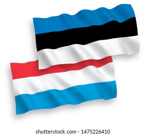 National vector fabric wave flags of Estonia and Luxembourg isolated on white background. 1 to 2 proportion.