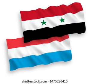National vector fabric wave flags of Luxembourg and Syria isolated on white background. 1 to 2 proportion.