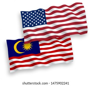National vector fabric wave flags of Malaysia and USA isolated on white background. 1 to 2 proportion.