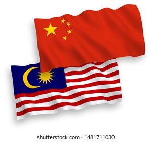 National vector fabric wave flags of Malaysia and China isolated on white background 1 to 2 proportion.
