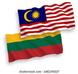 National vector fabric wave flags of Lithuania and Malaysia isolated on white background. 1 to 2 proportion.