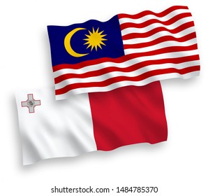 National vector fabric wave flags of Malta and Malaysia isolated on white background. 1 to 2 proportion.