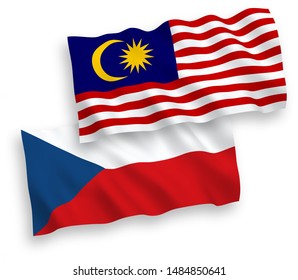 National vector fabric wave flags of Czech Republic and Malaysia isolated on white background. 1 to 2 proportion.