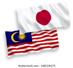 National vector fabric wave flags of Japan and Malaysia isolated on white background. 1 to 2 proportion.