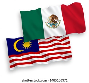 National vector fabric wave flags of Mexico and Malaysia isolated on white background. 1 to 2 proportion.