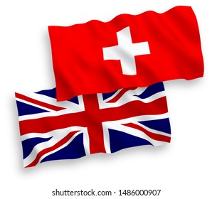 National vector fabric wave flags of Great Britain and Switzerland isolated on white background. 1 to 2 proportion.