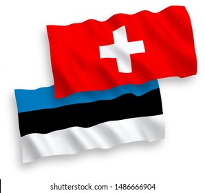 National vector fabric wave flags of Estonia and Switzerland isolated on white background. 1 to 2 proportion.
