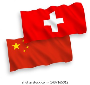National vector fabric wave flags of Switzerland and China isolated on white background 1 to 2 proportion.