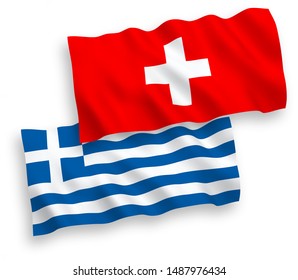 National vector fabric wave flags of Greece and Switzerland isolated on white background. 1 to 2 proportion.