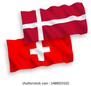 National vector fabric wave flags of Denmark and Switzerland isolated on white background. 1 to 2 proportion.