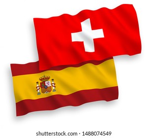 National vector fabric wave flags of Switzerland and Spain isolated on white background. 1 to 2 proportion.