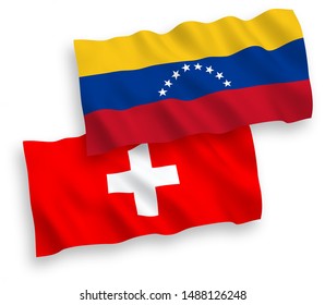 National vector fabric wave flags of Venezuela and Switzerland isolated on white background. 1 to 2 proportion.