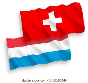 National vector fabric wave flags of Switzerland and Luxembourg isolated on white background. 1 to 2 proportion.