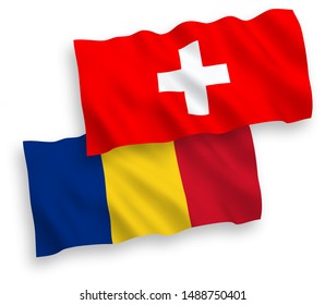 National vector fabric wave flags of Romania and Switzerland isolated on white background. 1 to 2 proportion.