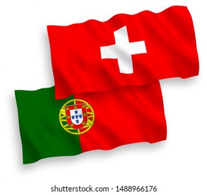 National vector fabric wave flags of Portugal and Switzerland isolated on white background. 1 to 2 proportion.