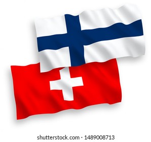 National vector fabric wave flags of Finland and Switzerland isolated on white background. 1 to 2 proportion.