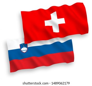 National vector fabric wave flags of Slovenia and Switzerland isolated on white background. 1 to 2 proportion.