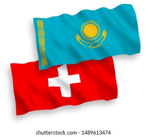 National vector fabric wave flags of Kazakhstan and Switzerland isolated on white background. 1 to 2 proportion.