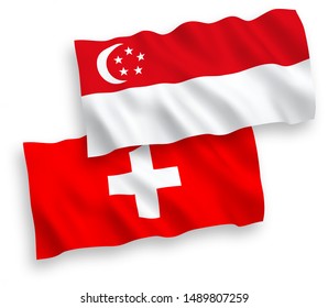 National vector fabric wave flags of Switzerland and Singapore isolated on white background. 