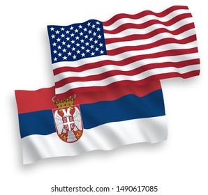 National vector fabric wave flags of Serbia and USA isolated on white background. 1 to 2 proportion.