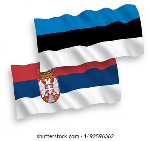 National vector fabric wave flags of Estonia and Serbia isolated on white background. 1 to 2 proportion.