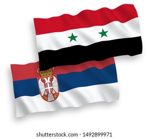 National vector fabric wave flags of Serbia and Syria isolated on white background. 1 to 2 proportion.