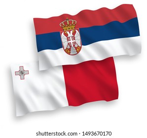 National vector fabric wave flags of Malta and Serbia isolated on white background. 1 to 2 proportion.