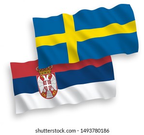 National vector fabric wave flags of Sweden and Serbia isolated on white background. 1 to 2 proportion.