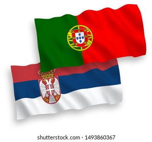 National vector fabric wave flags of Portugal and Serbia isolated on white background. 1 to 2 proportion.