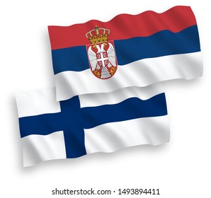 National vector fabric wave flags of Finland and Serbia isolated on white background. 1 to 2 proportion.