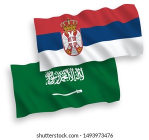 National vector fabric wave flags of Saudi Arabia and Serbia isolated on white background. 1 to 2 proportion.