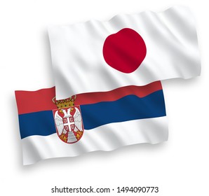 National vector fabric wave flags of Japan and Serbia isolated on white background. 1 to 2 proportion.