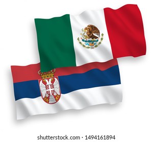 National vector fabric wave flags of Mexico and Serbia isolated on white background. 1 to 2 proportion.