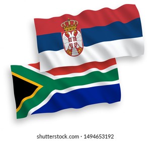 National vector fabric wave flags of Serbia and Republic of South Africa isolated on white background. 1 to 2 proportion.