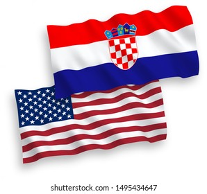 National vector fabric wave flags of Croatia and USA isolated on white background. 1 to 2 proportion.