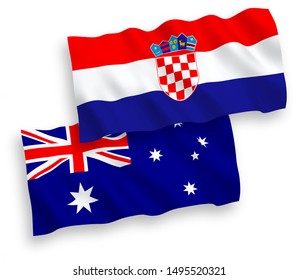 National vector fabric wave flags of Australia and Croatia isolated on white background. 1 to 2 proportion.